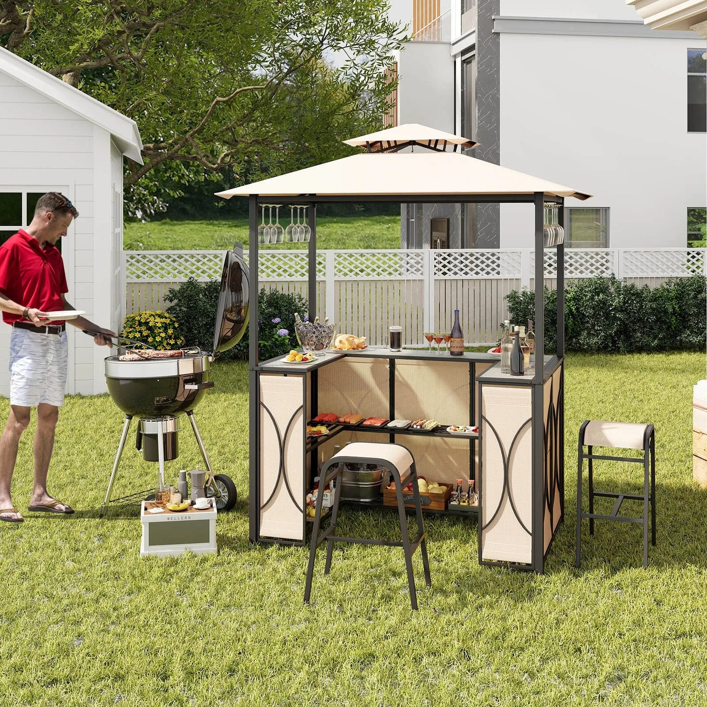 3 Piece Patio Bar Set With Tempered Glass Table And Metal Storage Shelves Garden
