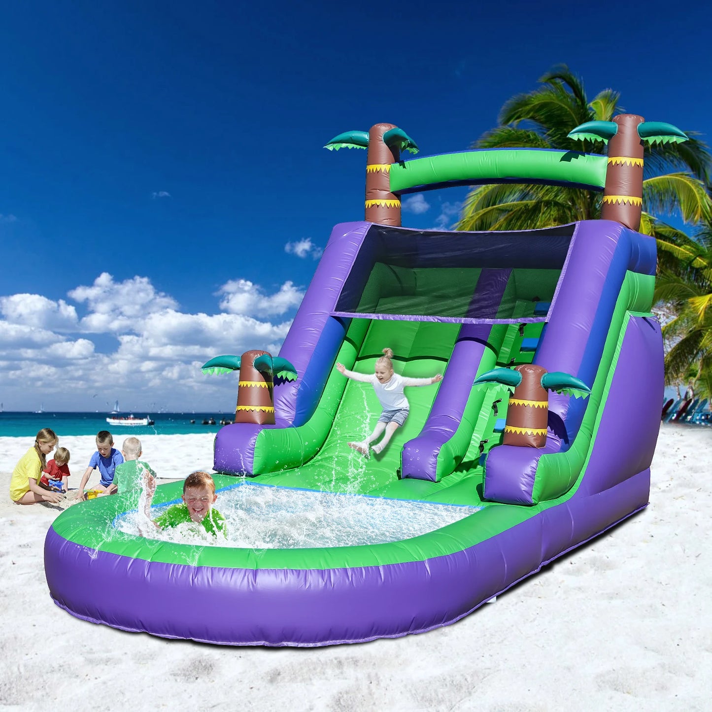Make your party a splash with the RTS inflatable Giant Tropical Water Slide, a durable, all-in-one bounce house that blends a high-flying slide, bouncy play area, and bright tropical graphics into one family-friendly outdoor adventure.