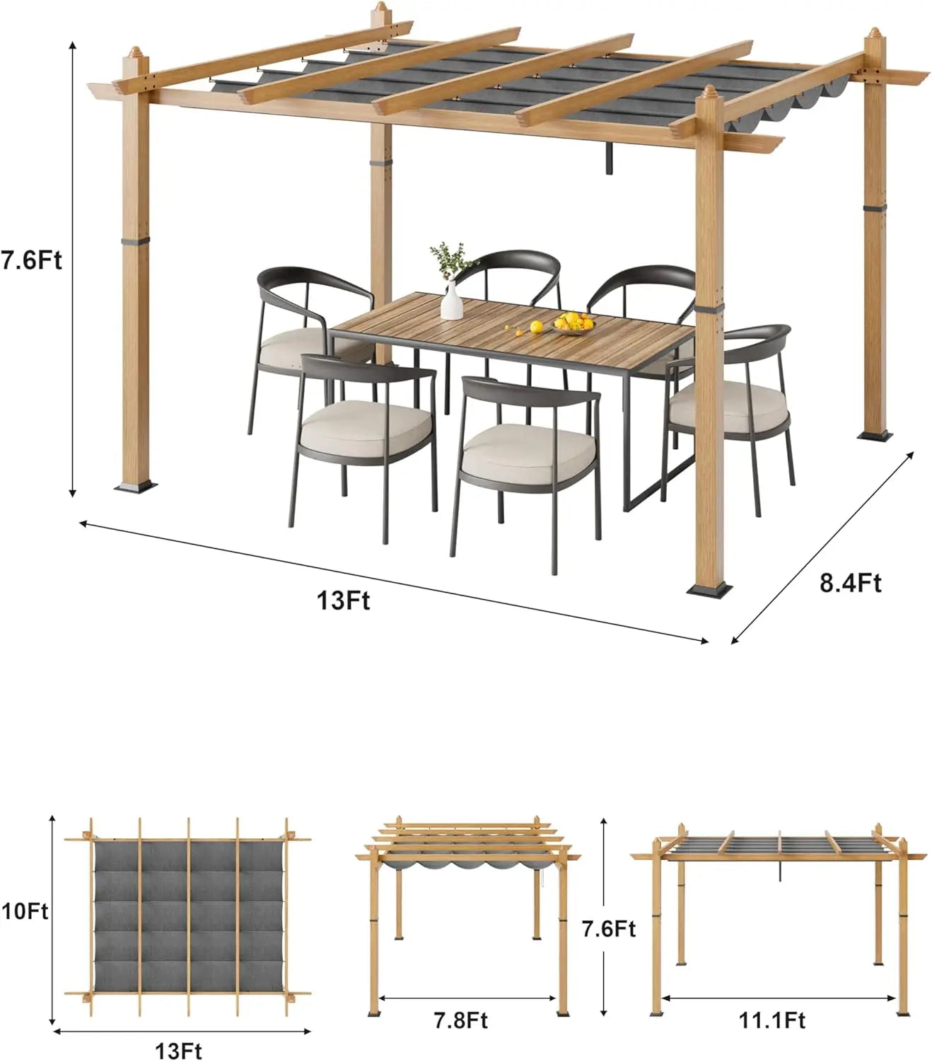 HiMISS 10x10Ft 10x13Ft Outdoor Pergola With Retractable Canopy
