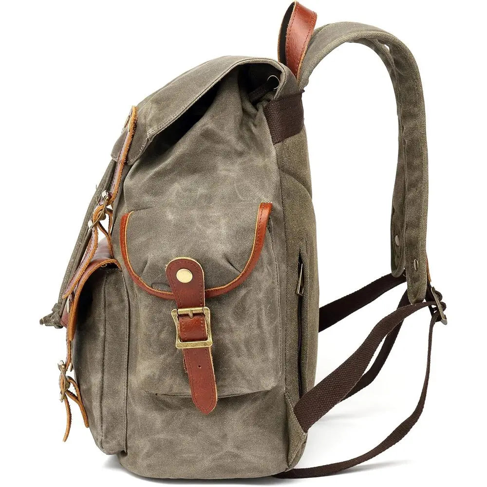 Vintage Canvas Backpack With Leather Accents Military Inspired Army Green