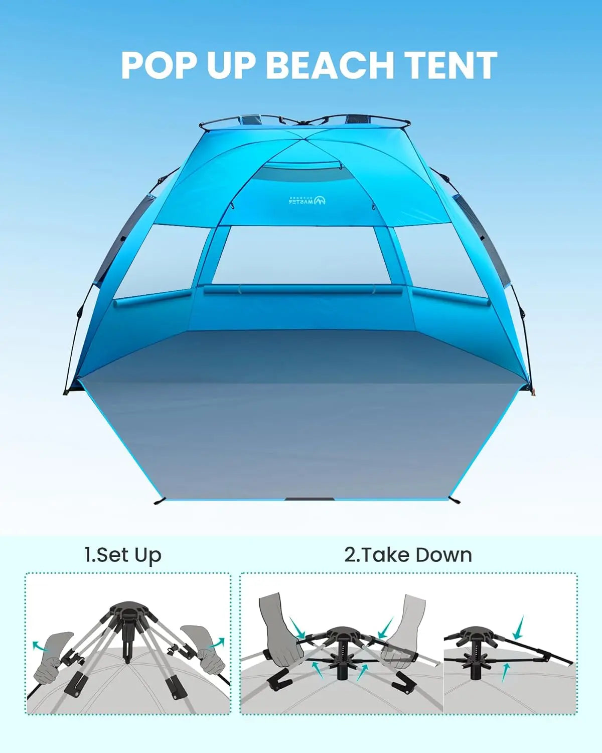 Pop-Up Beach Tent For 4 Easy Setup With Sandbags UPF50Plus Portable Sun Shelter