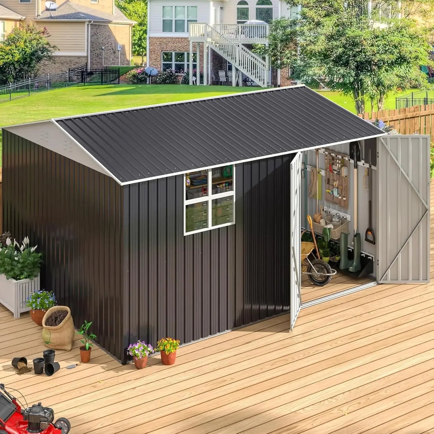 10x12 Ft Outdoor Storage Shed Metal Garden Shed With Lockable Doors