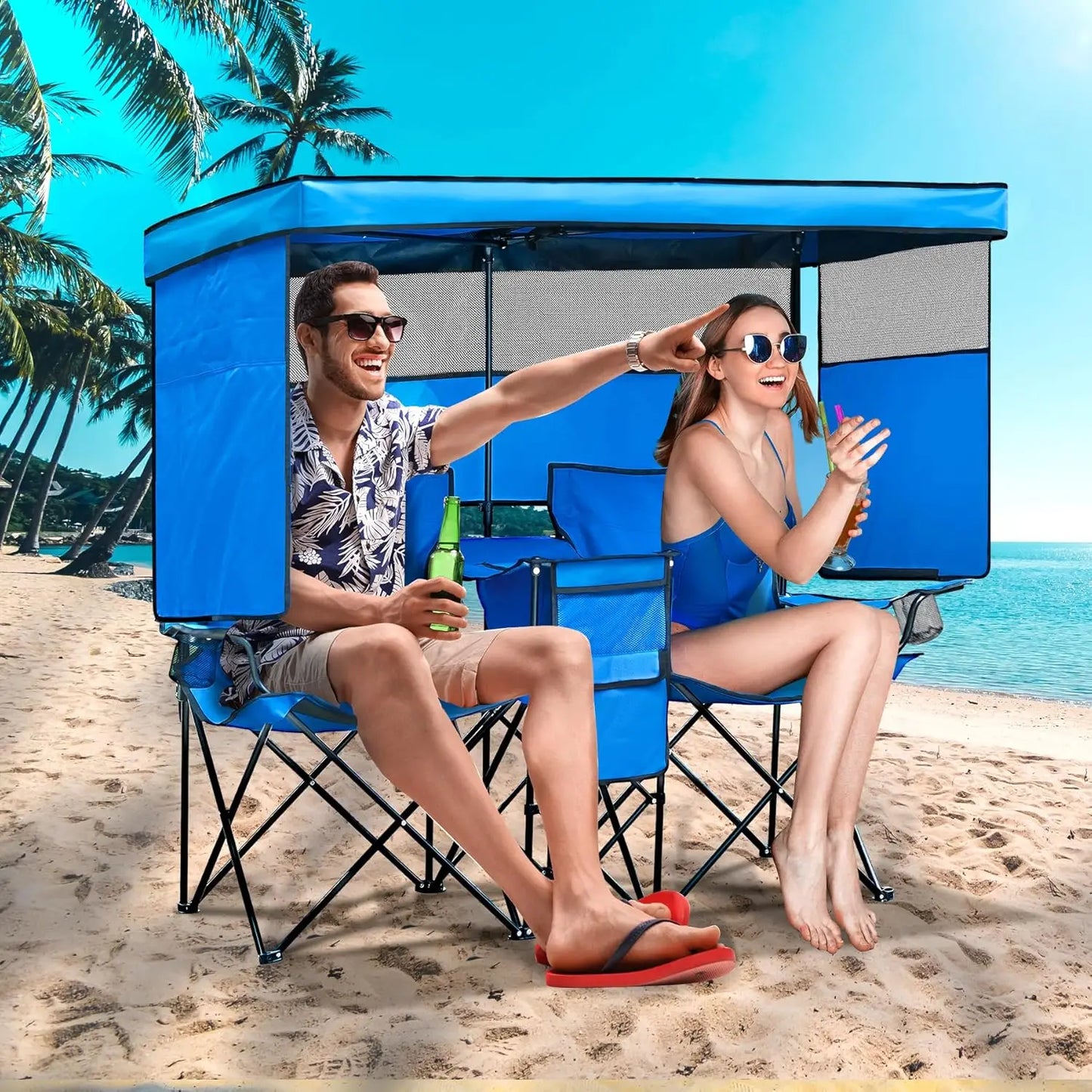 Double Beach Chair With Canopy Shade Cup Holder Heavy Duty Folding Lounge Chair
