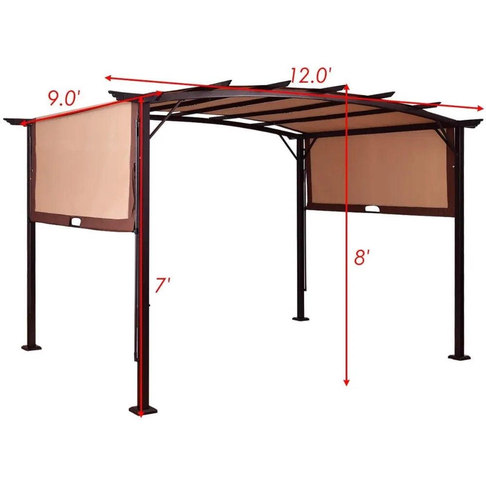 12x9 Ft Outdoor Pergola With Retractable Sun Shade Canopy Heavy Duty Steel