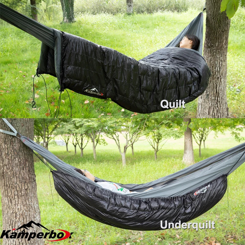 Kamperbox brings you a versatile down quilt underquilt that keeps you warm, comfortable, and ready for any night under the stars, from damp forests to cool alpine camps, on solo trips or shared adventures.