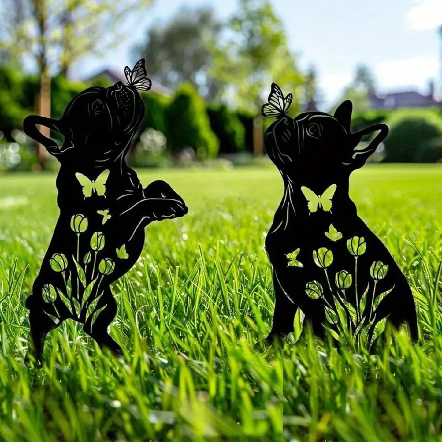 Add whimsical charm to your garden with these rustic metal stakes featuring butterfly and dog silhouettes, designed for year‑round outdoor display and easy arrangement.
