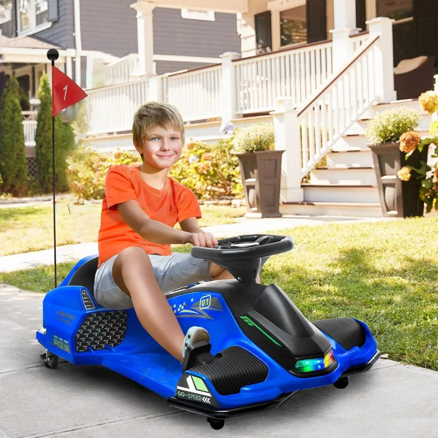 Blue 12V Electric Go Kart For Kids 8 To 12 With Slow Start Music Lights 5 MPH