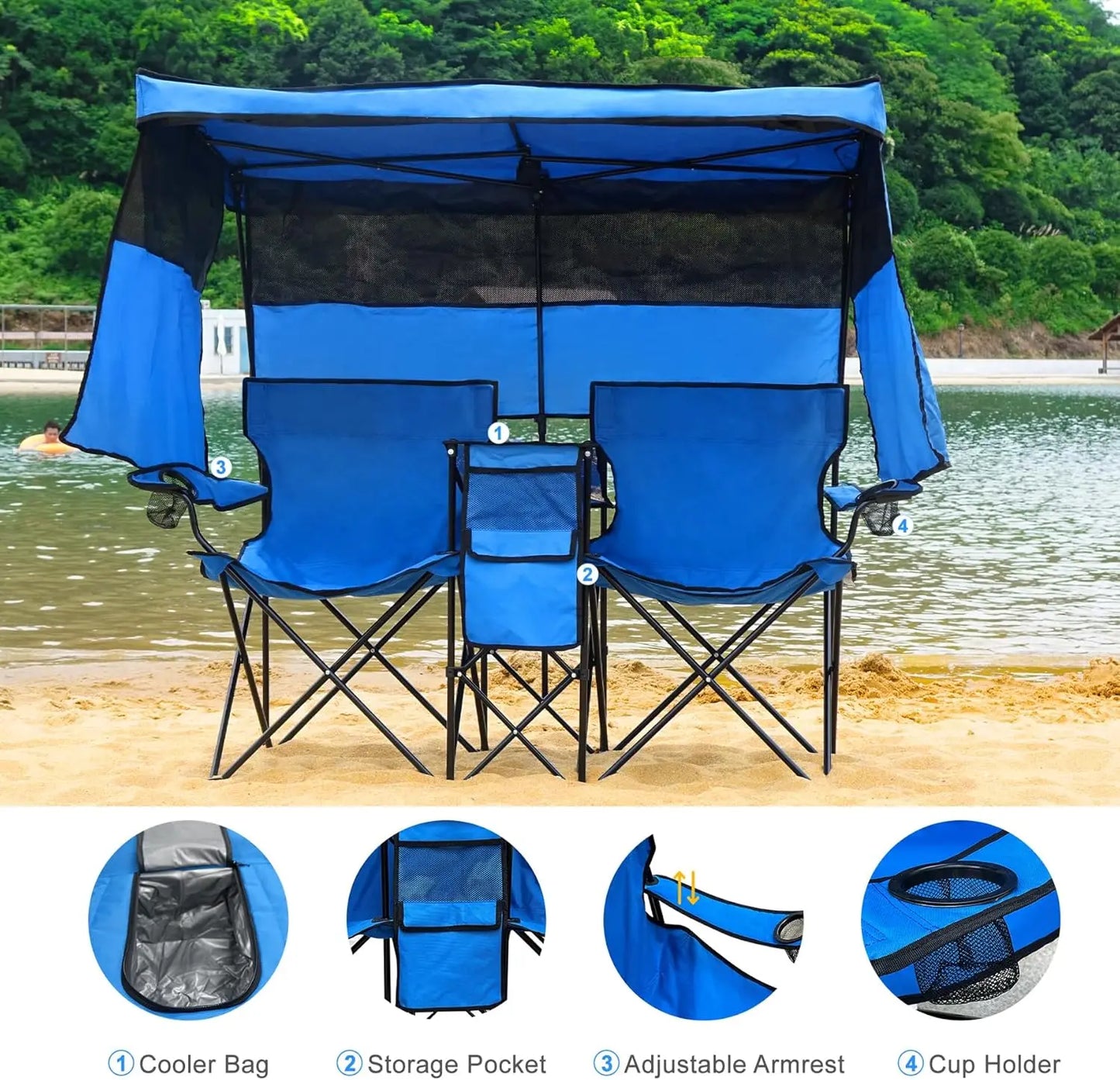 Double Beach Chair With Canopy Shade Cup Holder Heavy Duty Folding Lounge Chair