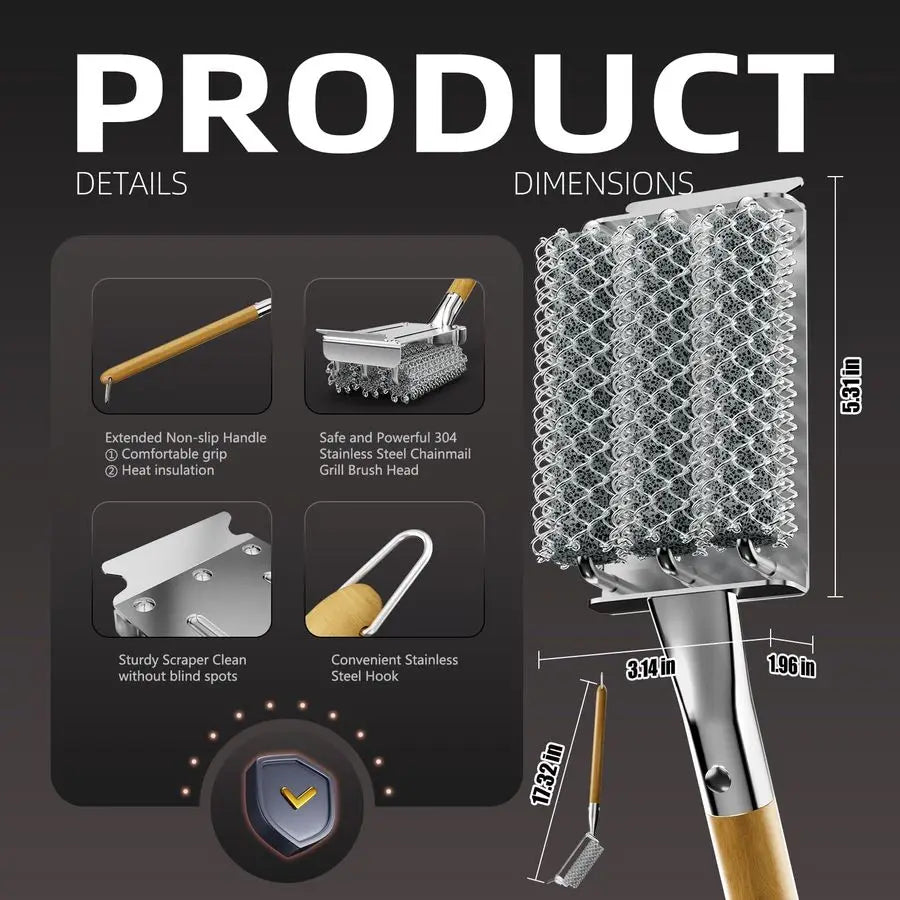 XMSJ Bristle Free Grill Brush And Scraper With 3 Replacement Heads 304 Stainless