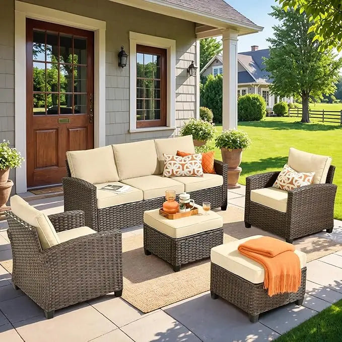 Patio Furniture Set 5 Pieces Outdoor Wicker Rattan Sofa Chairs Ottomans