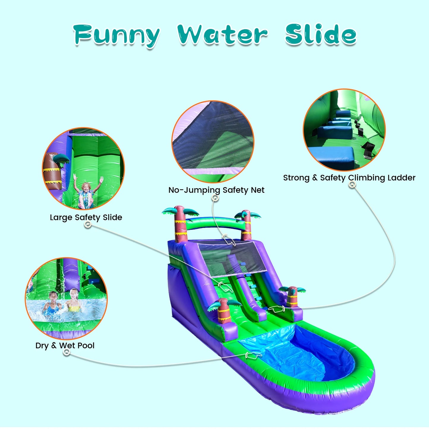 Make your party a splash with the RTS inflatable Giant Tropical Water Slide, a durable, all-in-one bounce house that blends a high-flying slide, bouncy play area, and bright tropical graphics into one family-friendly outdoor adventure.