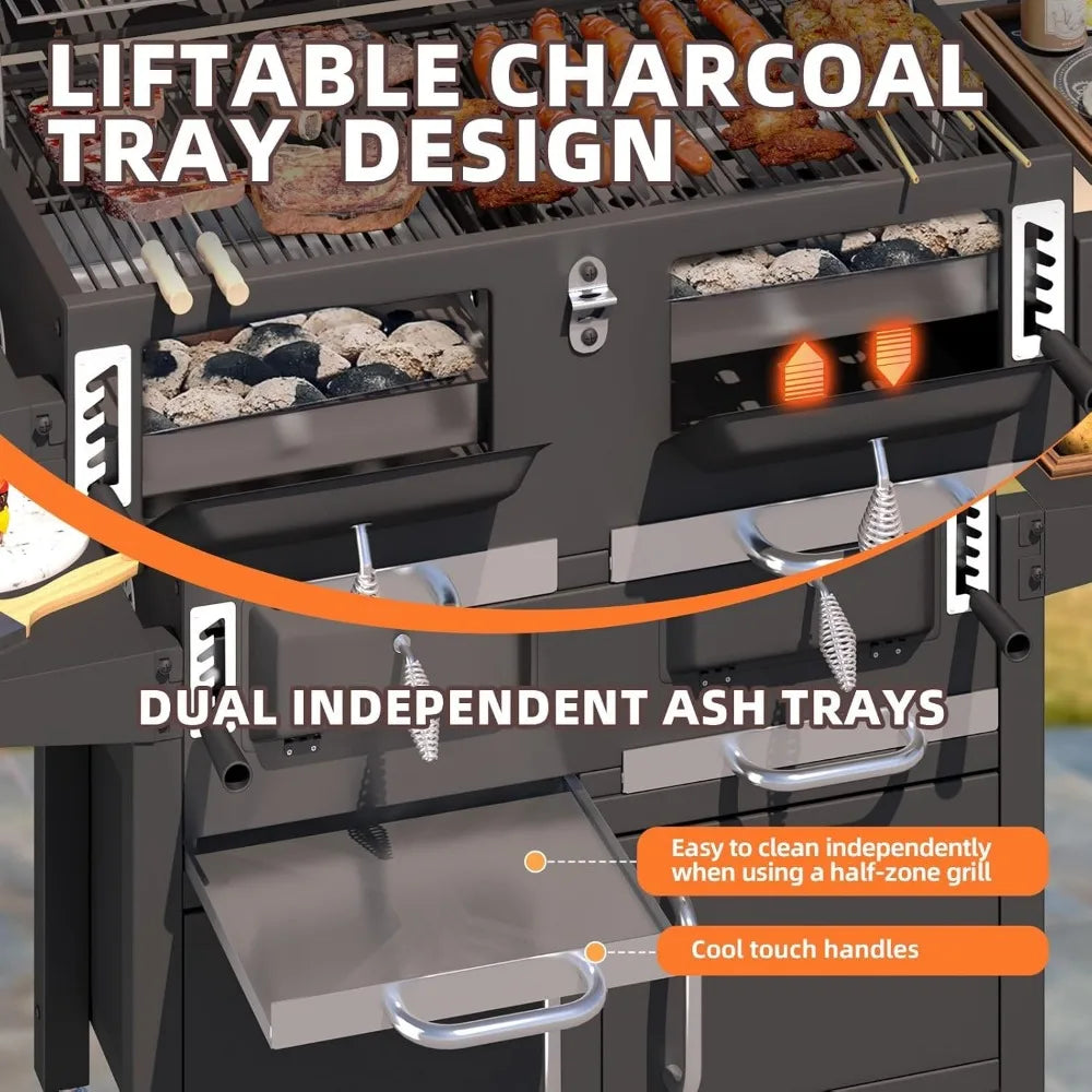 36 Inch Extra Large Charcoal Grill With Thermometer And Lifting Trays 620 Sq In