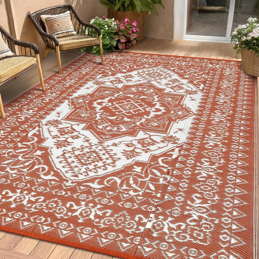 Waterproof Outdoor Patio Rug Reversible Vintage RV Camping Carpet Indoor Outdoor