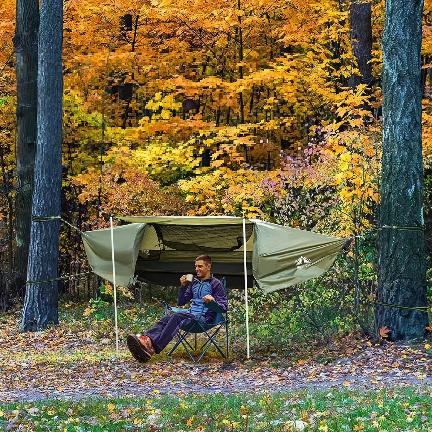 Night Cat Flat Lay Hammock Tent With Mosquito Net Rainfly Storage