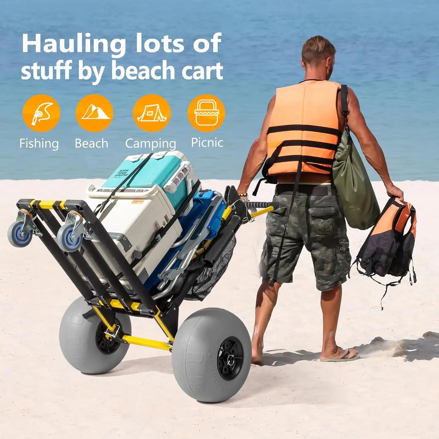 Beach Cart With 12 Inch Balloon Wheels For Sand 2-In-1 Foldable Wagon