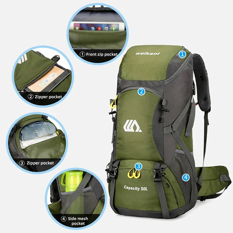 50L Travel Backpack For Outdoor Hiking Camping Nylon Waterproof Rucksack