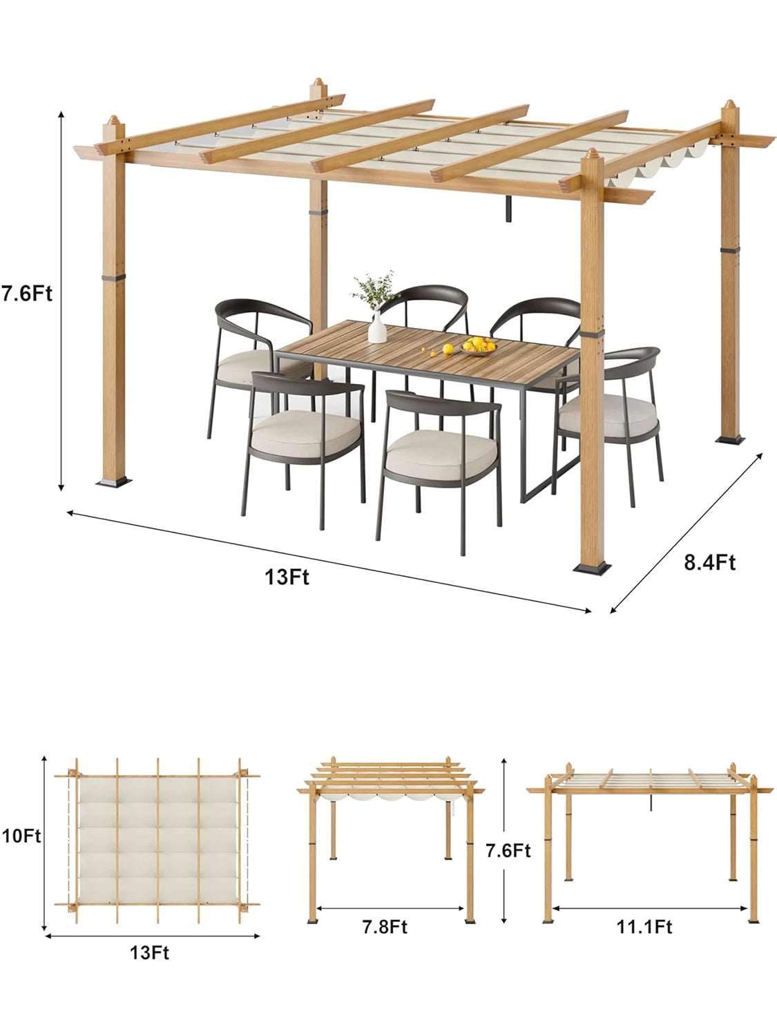 HiMISS 10x10Ft 10x13Ft Outdoor Pergola With Retractable Canopy