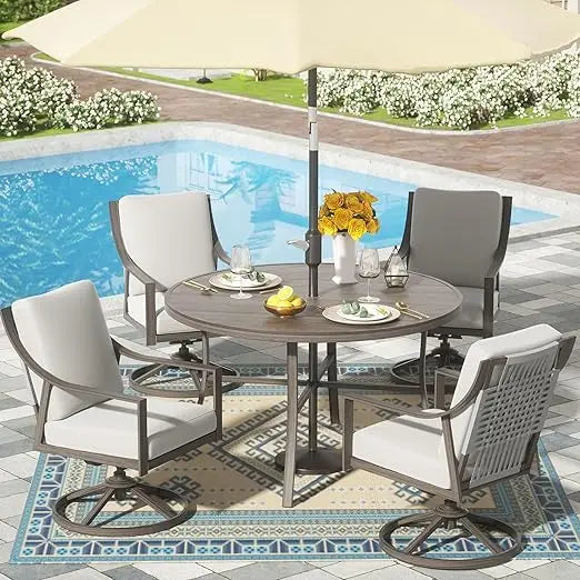 5 Piece Patio Dining Set 38 Inch Table Umbrella Hole 4 Rocking Swivel Chairs
