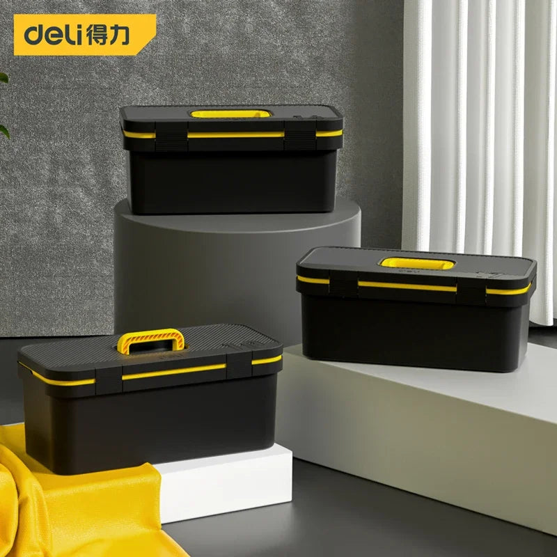 Organize your tools on the go with the durable Deli portable tool storage box.