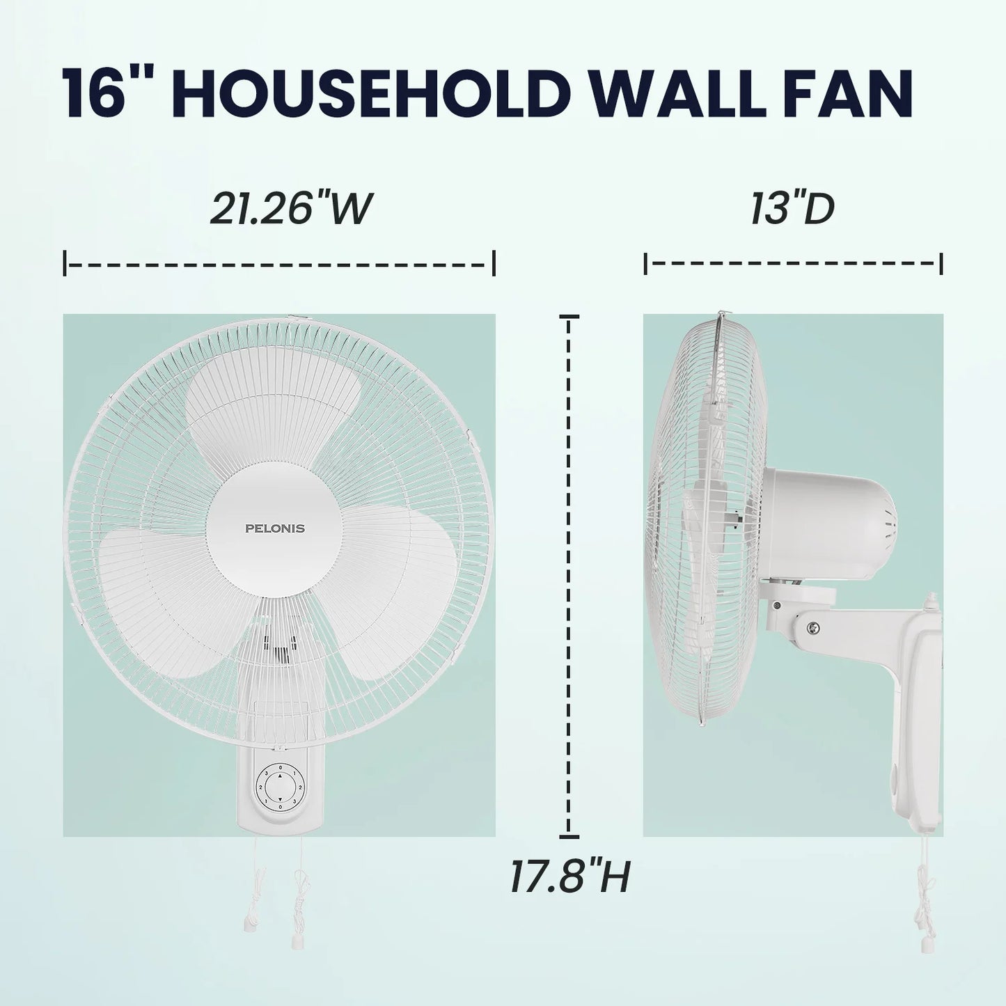 Pelonis 16 Inch Wall Mount Fan 3 Speed Oscillating Tilt Pack of 2 White