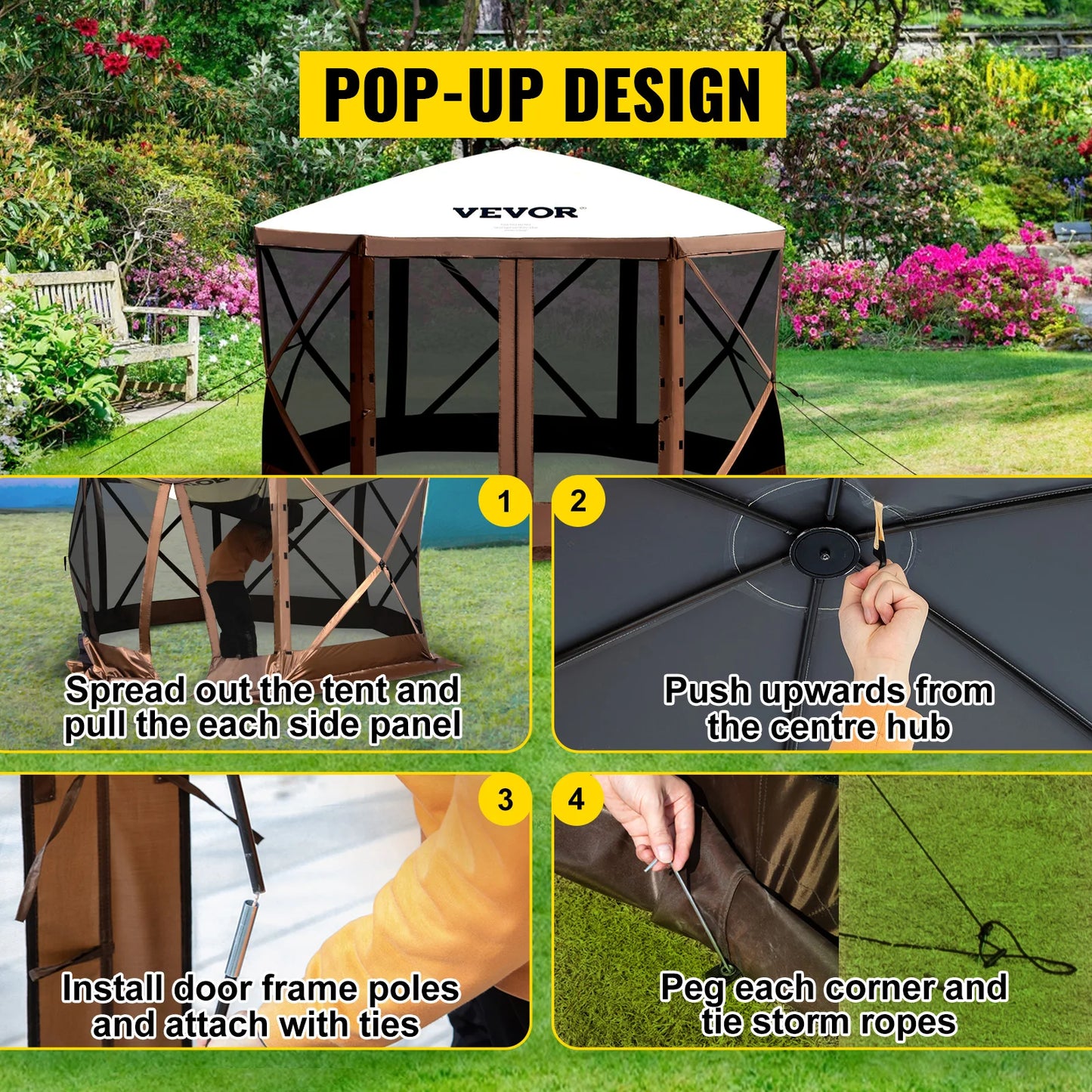 SucceBuy Pop Up Camping Gazebo Six Sided 12x12 or 10x10 Sun Shade Canopy