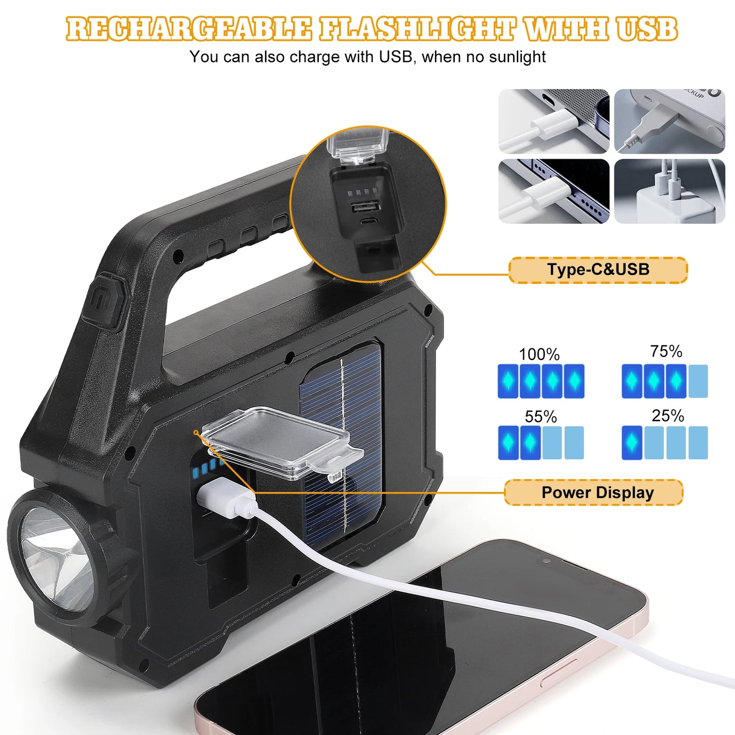 From NONE, this 2000 lumen solar powered LED flashlight gives you dependable, bright illumination for your camping, emergencies, and outdoor work.