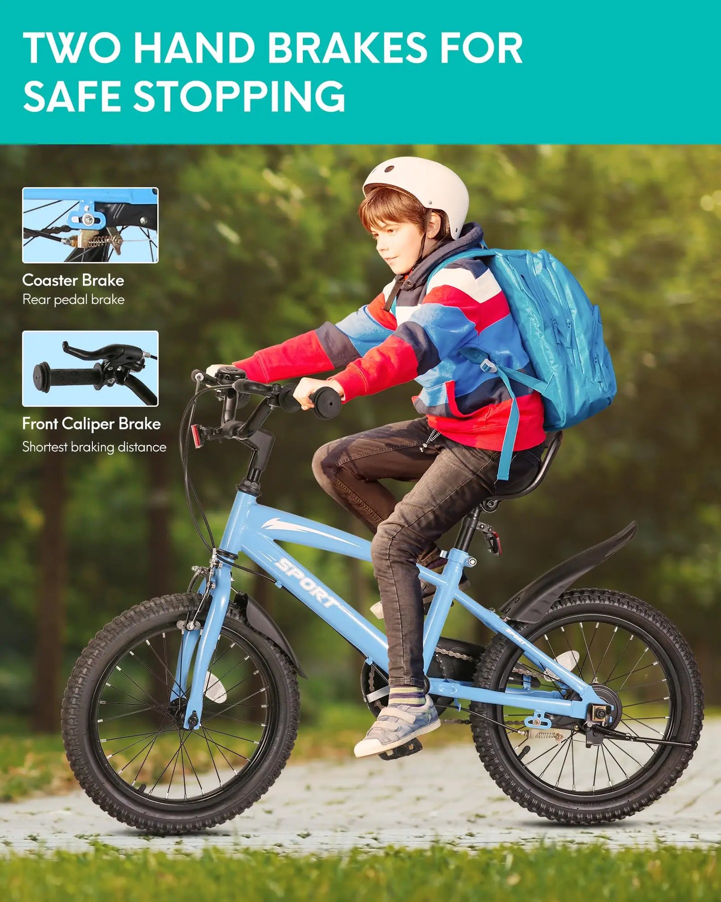 Ride confidently with this sturdy 16 inch kids bike built for balance, control, and hours of safe riding, featuring training wheels, dual handbrakes, an adjustable handlebar and saddle, a durable frame with a steel fork, a kickstand, and a unisex design