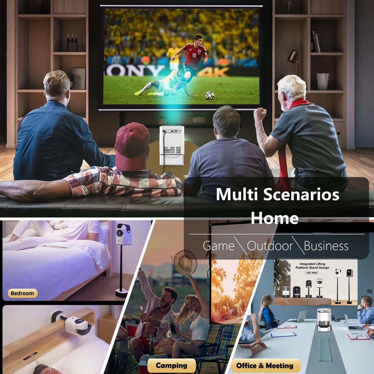 FEEL WOW Portable Android Projector With Native Stand And Home Theater WiFi HDMI