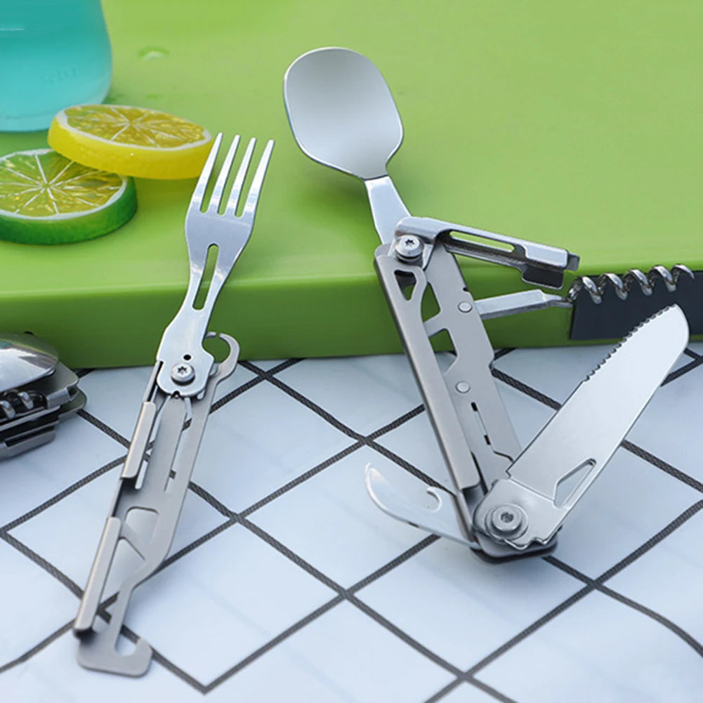 Alloyseed 6 in 1 Camping Tableware Foldable EDC Tool Fork Knife Spoon
