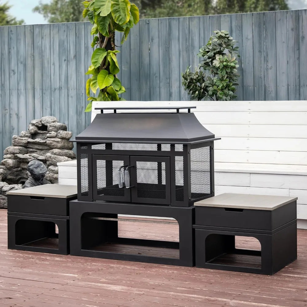 70 Inch Outdoor Rectangular Steel Wood Burning Fireplace With Side Tables