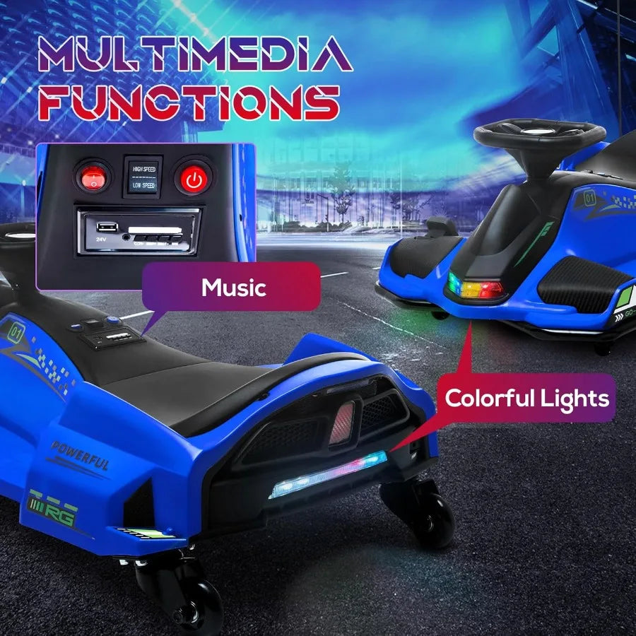 Blue 12V Electric Go Kart For Kids 8 To 12 With Slow Start Music Lights 5 MPH