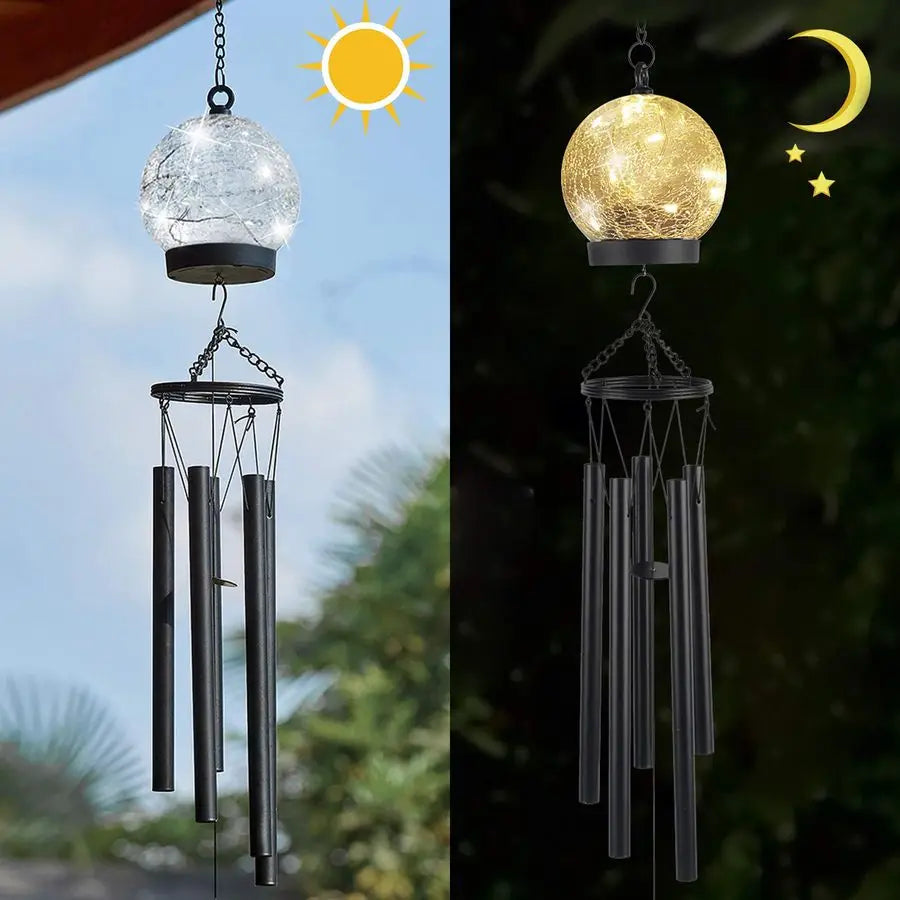 Outdoor Solar Wind Chimes With Crackled Glass Ball And Warm White LEDs