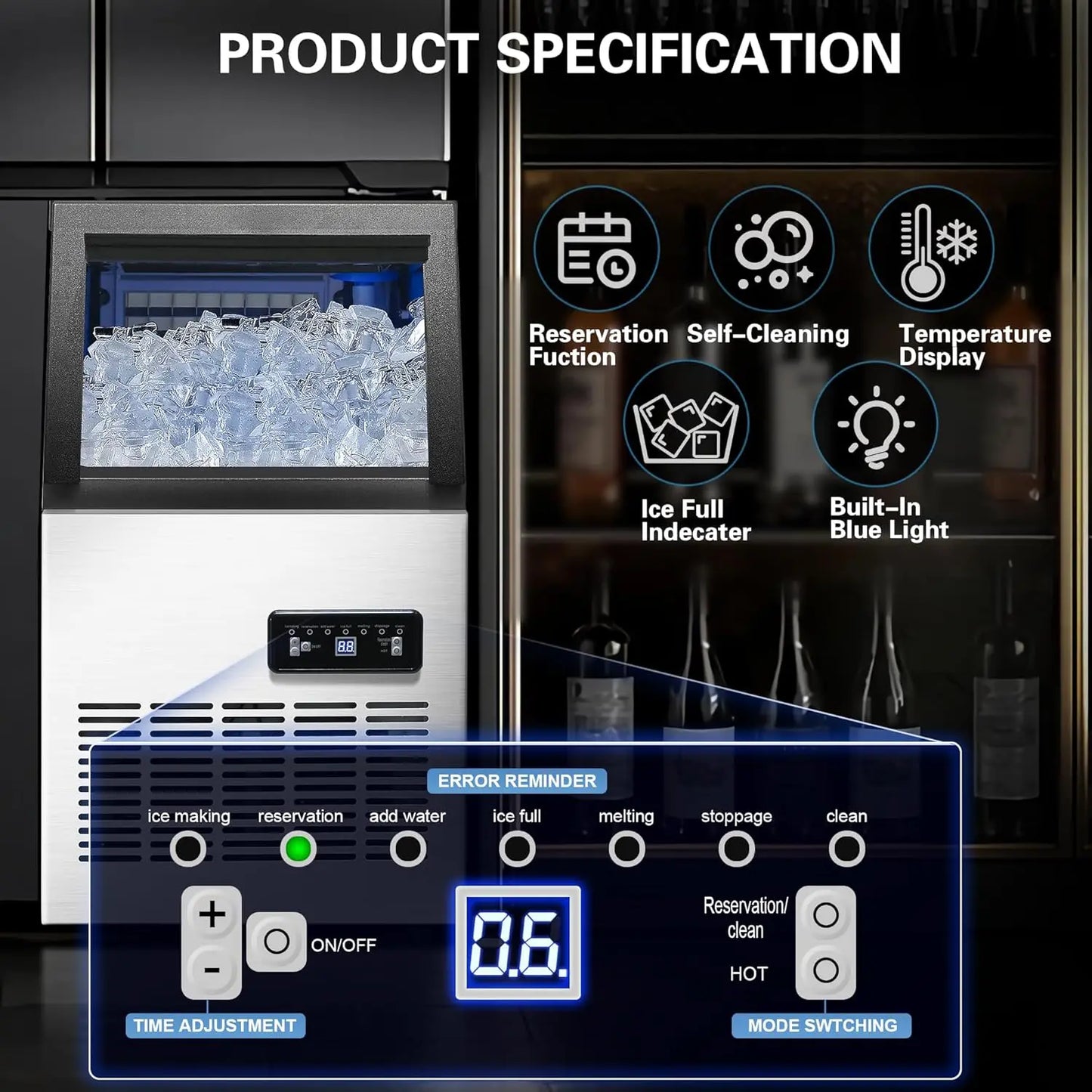 Zomagas 110 Lbs Per 24H Stainless Steel Ice Maker With Dual Water Inlets
