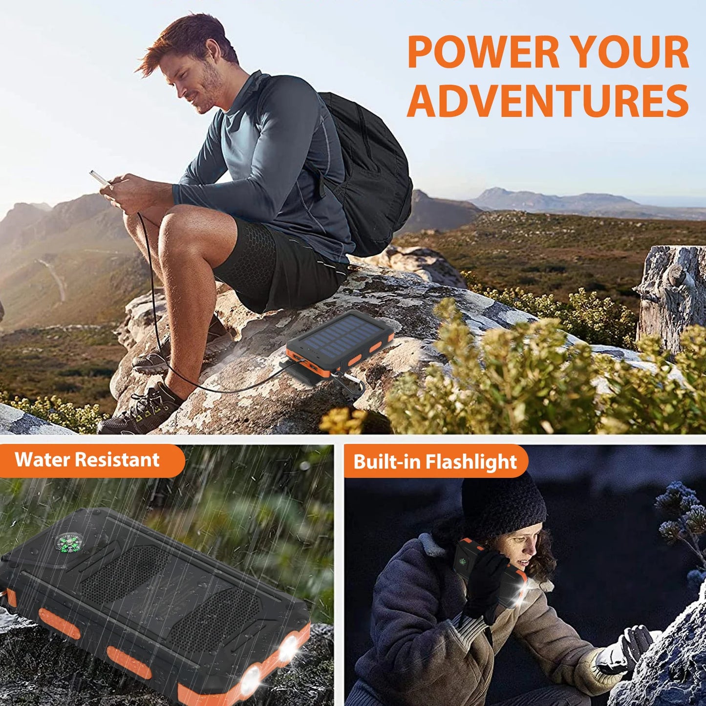 20000mAh Solar Power Bank Waterproof Portable Charger Dual USB LED Flashlight