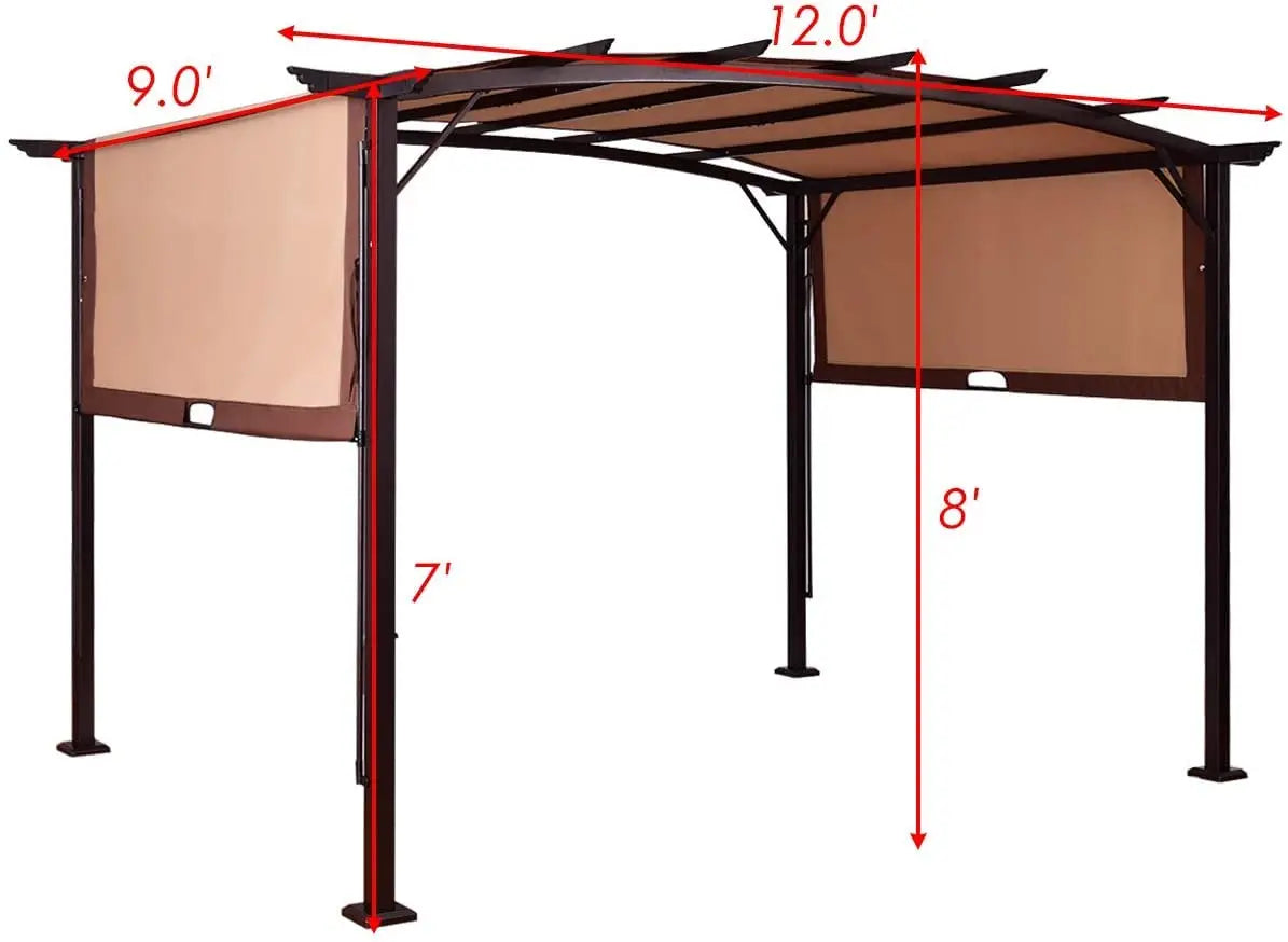 12x9 Ft Outdoor Pergola With Retractable Sun Shade Canopy Heavy Duty Steel