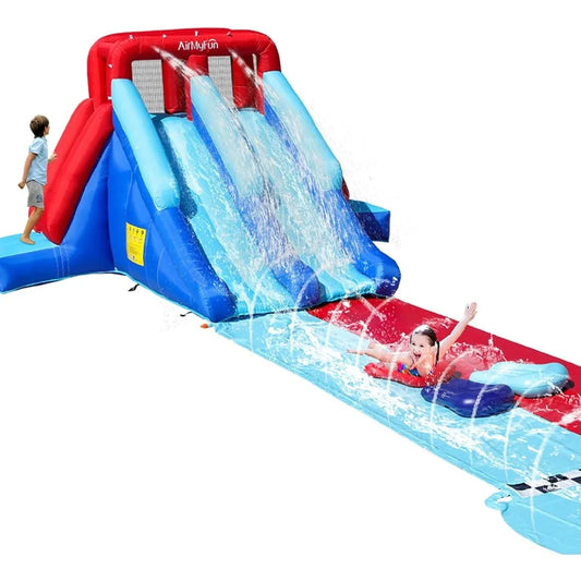 Turn your yard into a splash-tastic playground with the NONEDesign inflatable bounce house, featuring a double slide and water play for endless family fun.