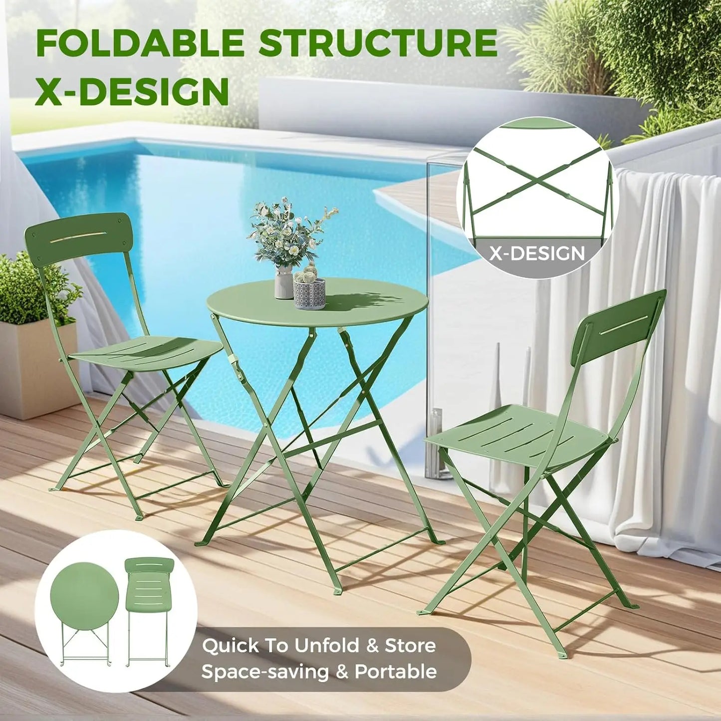 Patio Bistro Set 3 Piece Folding Table And Chairs For Outdoor Garden