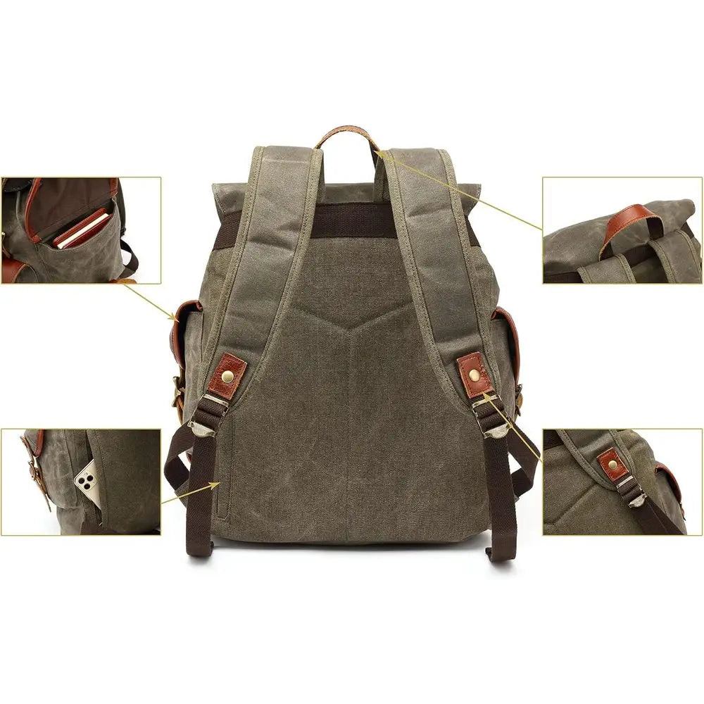 Vintage Canvas Backpack With Leather Accents Military Inspired Army Green