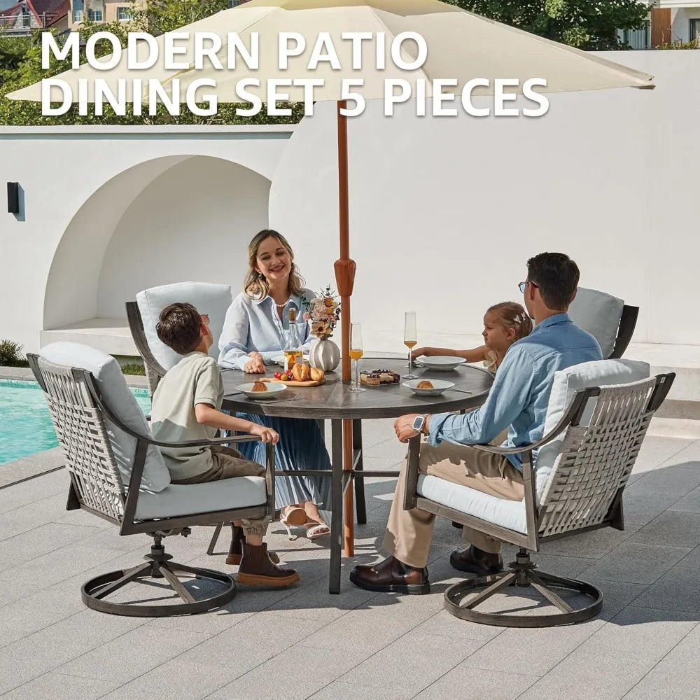 5 Piece Patio Dining Set 38 Inch Table Umbrella Hole 4 Rocking Swivel Chairs