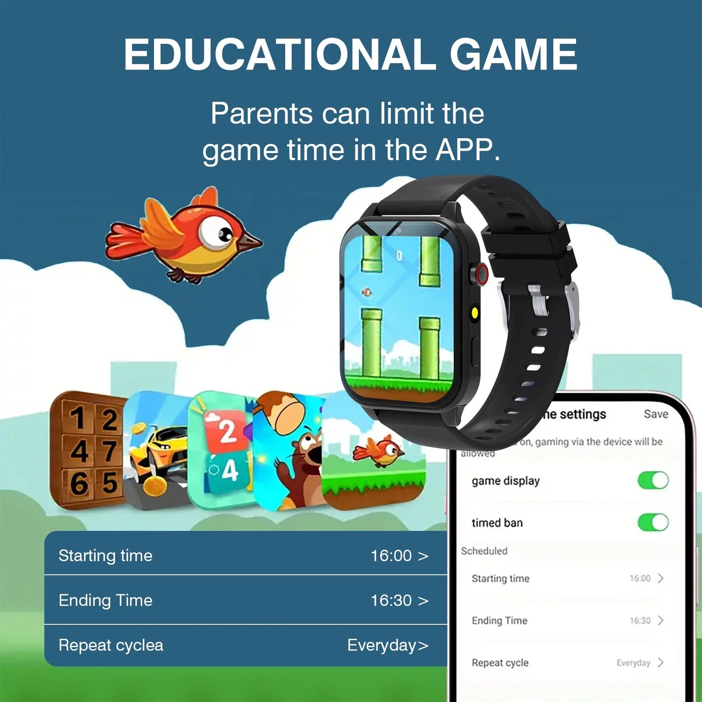 Odelettevcy Kids Smart Watch With 18 Games Camera Waterproof Sleep Monitoring