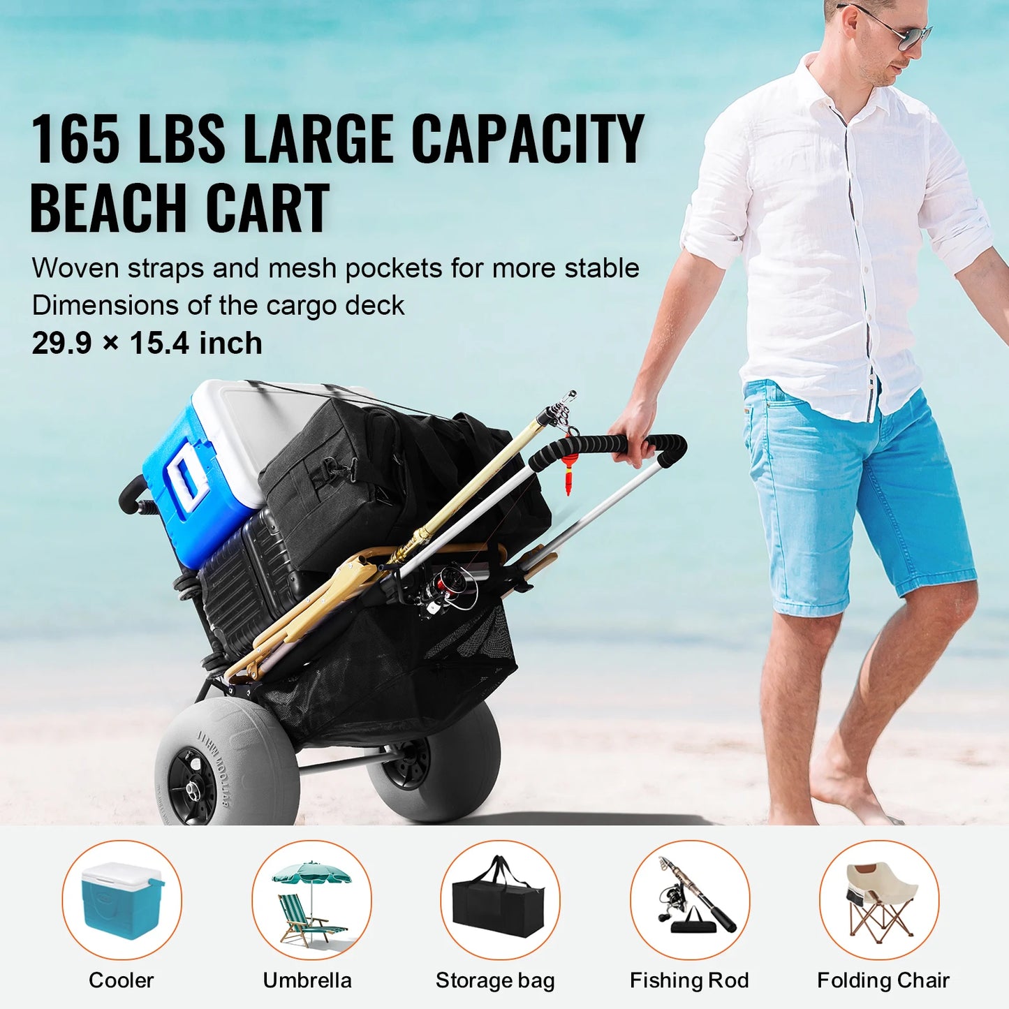 SucceBuy Beach Dolly With Big Sand Balloon Wheels Folding Cart 165 LB Capacity