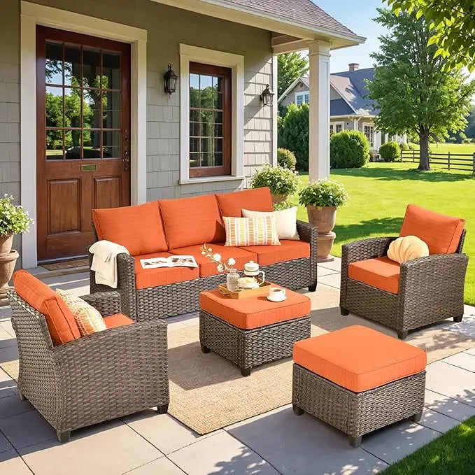 Patio Furniture Set 5 Pieces Outdoor Wicker Rattan Sofa Chairs Ottomans