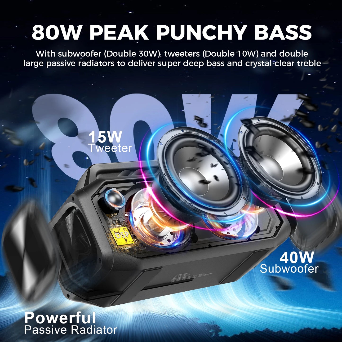 Turn up the volume and take crowd pleasing sound anywhere with the W-King 80W portable Bluetooth speaker for your outdoor adventures, parties, and everyday listening.