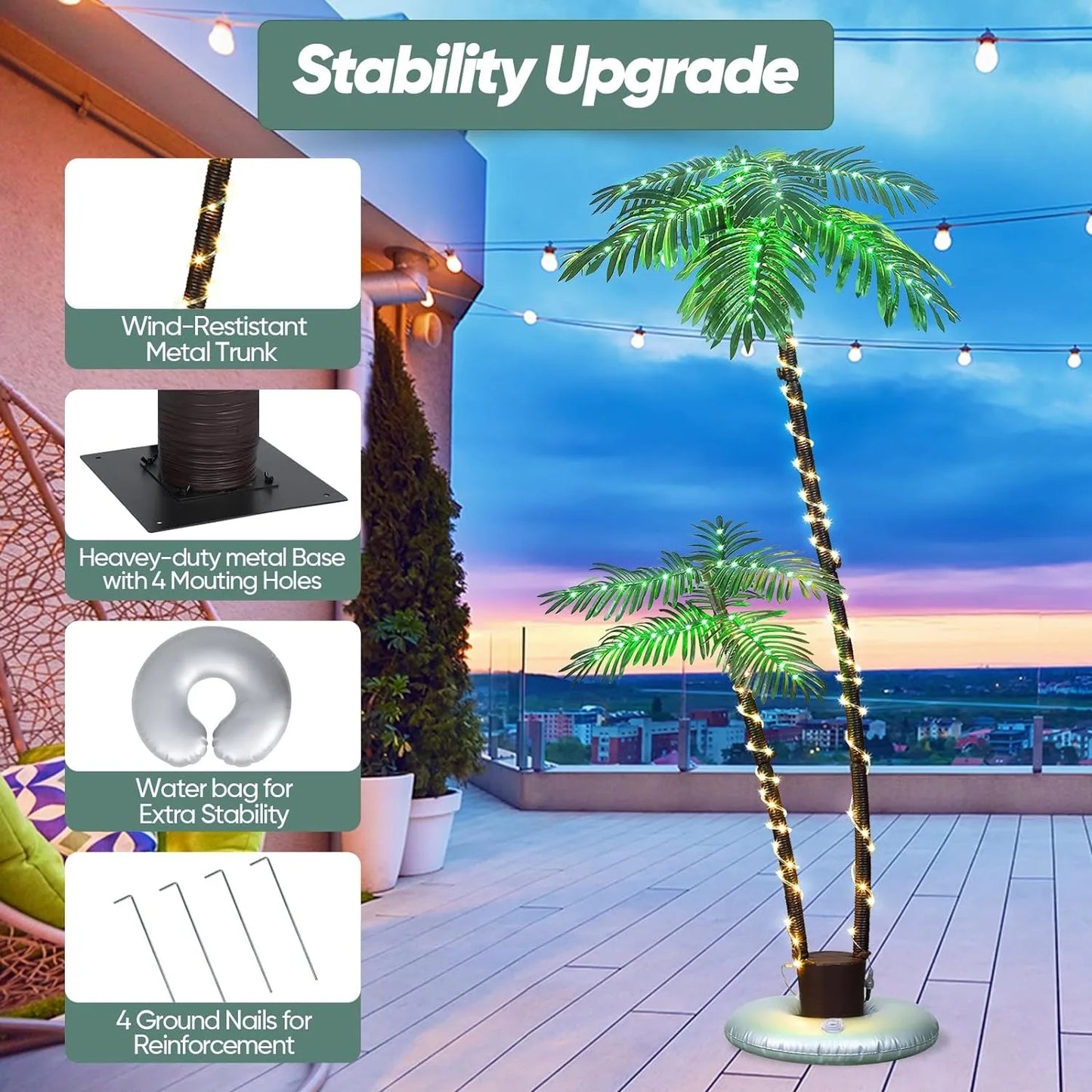 Transform your outdoor spaces with a palm tree silhouette that glows warmly from 192 LEDs powered by the sun, delivering festive charm night after night.