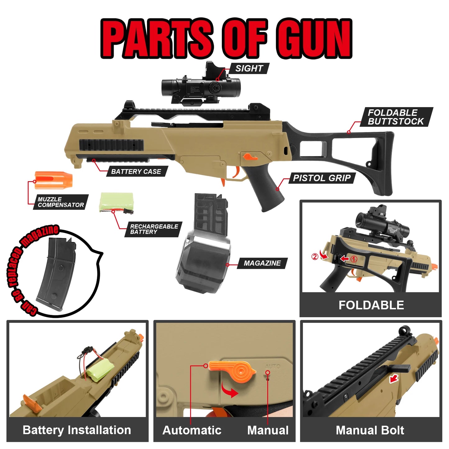 EY G36C High Speed Electric Gel Ball Blaster Dual Auto Manual Modes