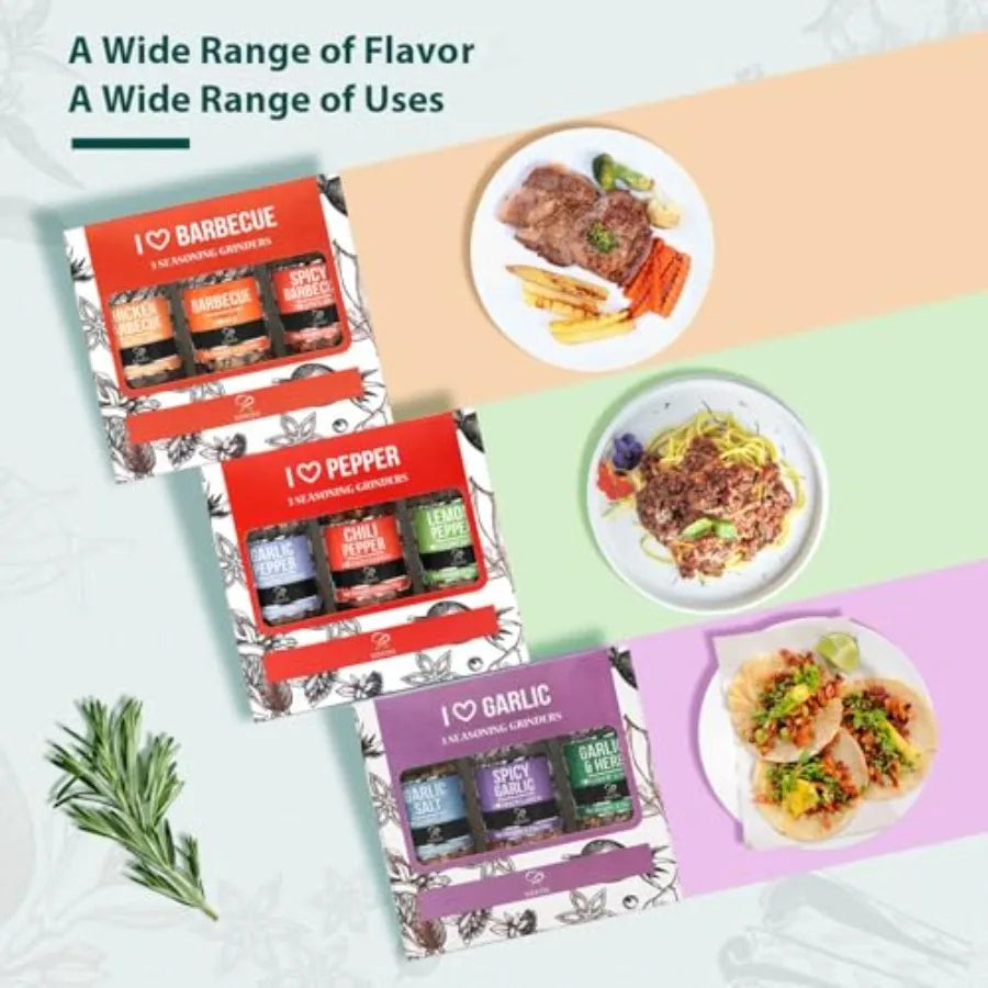 Elevate your cooking with the MDNG Spice Seasoning Set featuring nine integrated grinders.