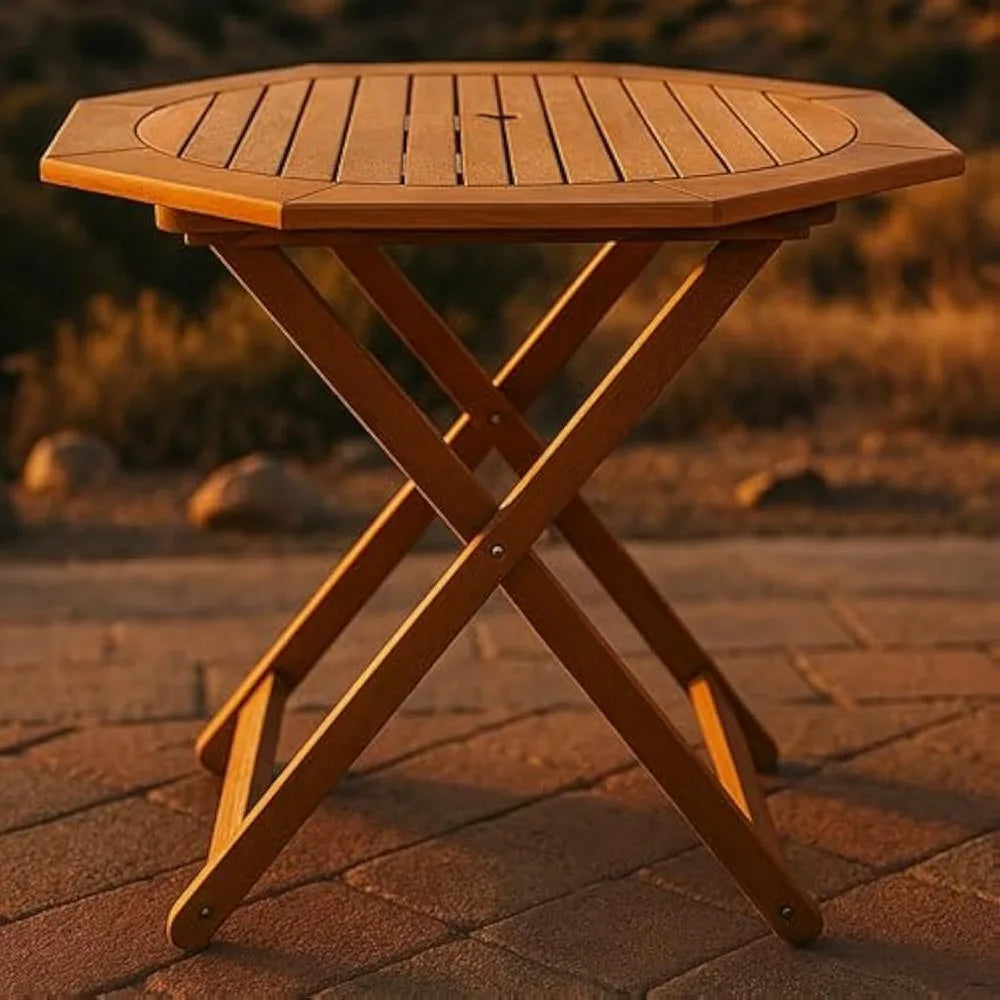 Foldable Meranti Wood Outdoor Dining Table With Umbrella Hole Octagonal