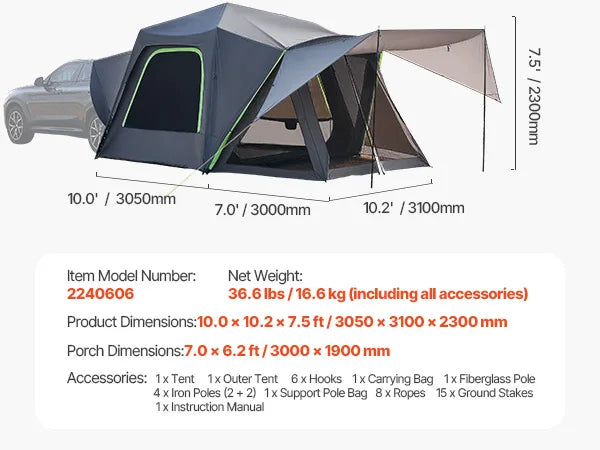 SucceBuy SUV Tent Camping Waterproof PU2000mm Double Layer Shade Mesh Windows