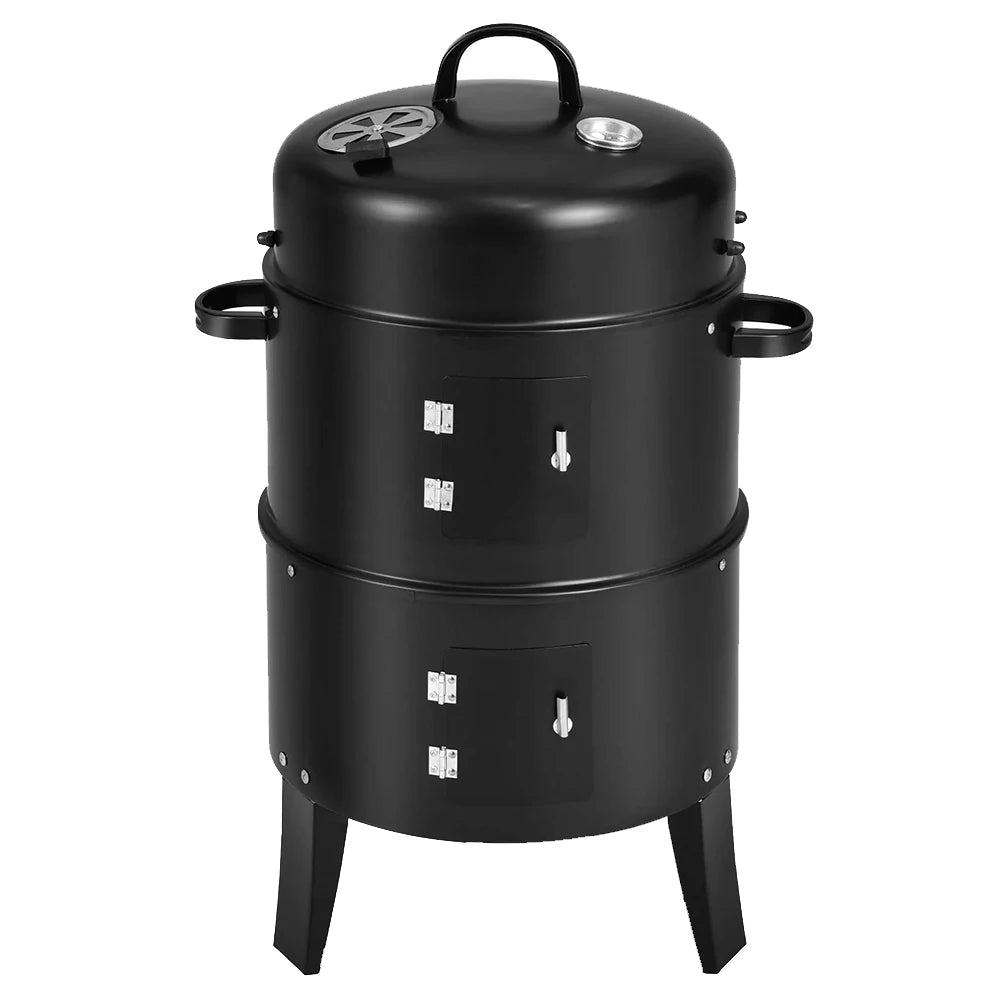 Vertical Charcoal Smoker With Built In Thermometer And Two Access Doors