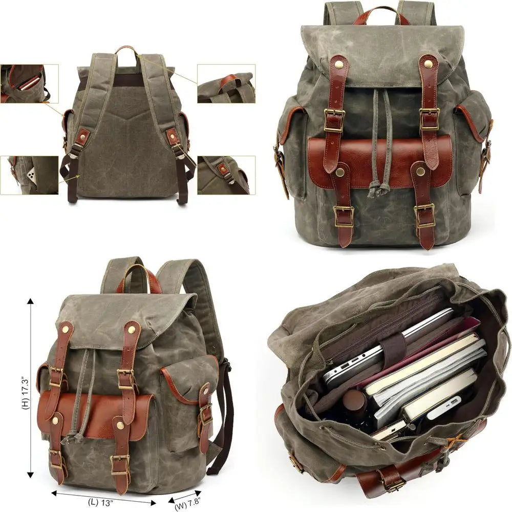 Vintage Canvas Backpack With Leather Accents Military Inspired Army Green